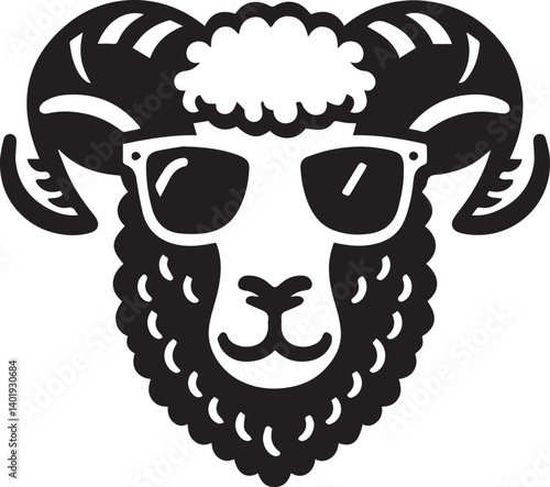 black head vector illustration of a sheep, sheep head with sunglass, silhouette vector isolated on white background