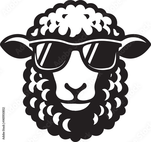 black head vector illustration of a sheep, sheep head with sunglass, silhouette vector isolated on white background