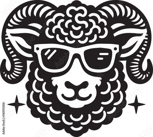 black head vector illustration of a sheep, sheep head with sunglass, silhouette vector isolated on white background