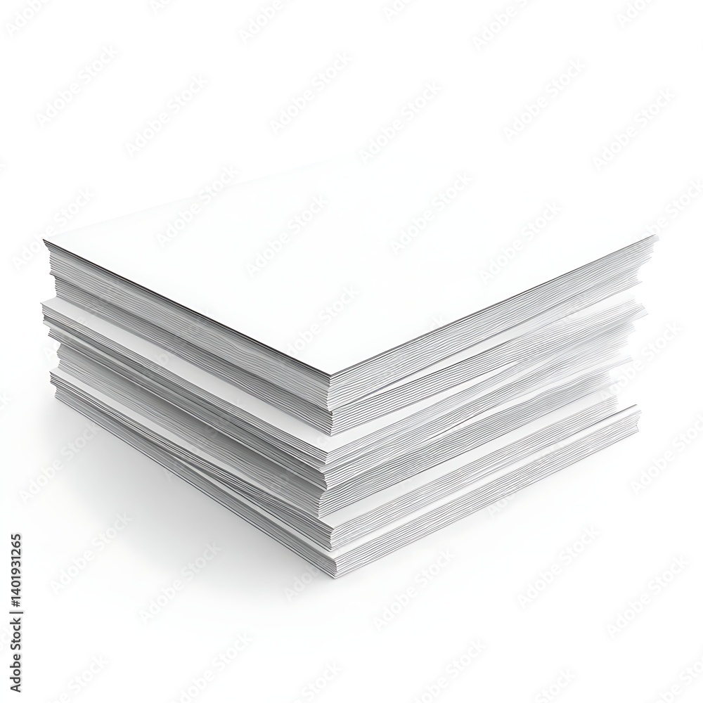 realistic stack of clean white paper sheets neatly arranged isolated on a bright white background perfect for office supplies, stationary, and paper-related visuals realistic stack of clean white paper sheets neatly arranged isolated on a bright white background perfect for office supplies, stationary, and paper-related visuals