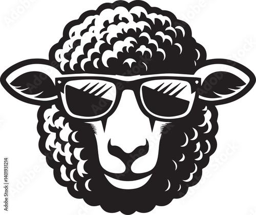 black head vector illustration of a sheep, sheep head with sunglass, silhouette vector isolated on white background