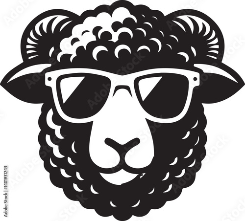 black head vector illustration of a sheep, sheep head with sunglass, silhouette vector isolated on white background