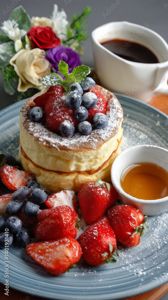 Fluffy pancakes topped with fresh berries and syrup Fluffy pancakes topped with fresh berries and syrup