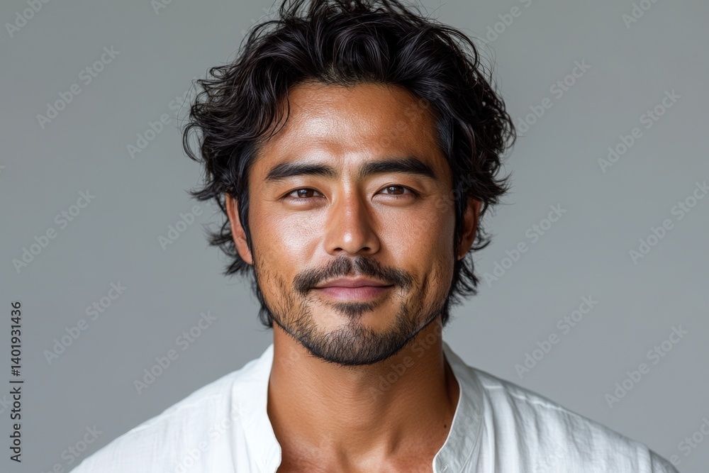 Fototapeta premium Man with curly dark hair, slight beard and wearing white shirt