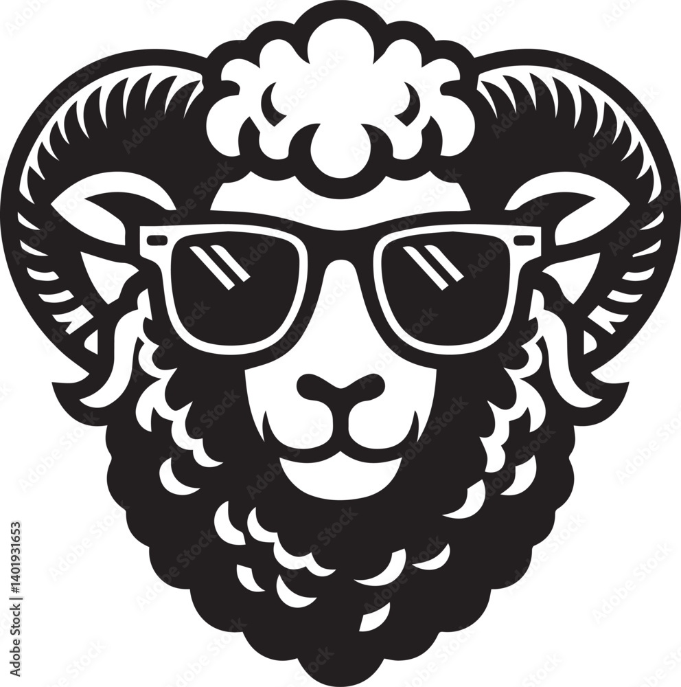Obraz premium black head vector illustration of a sheep, sheep head with sunglass, silhouette vector isolated on white background