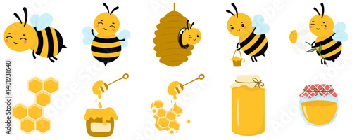 Set of world bee illustration. Honey bee, honeycomb, honey farm. Vector isolated