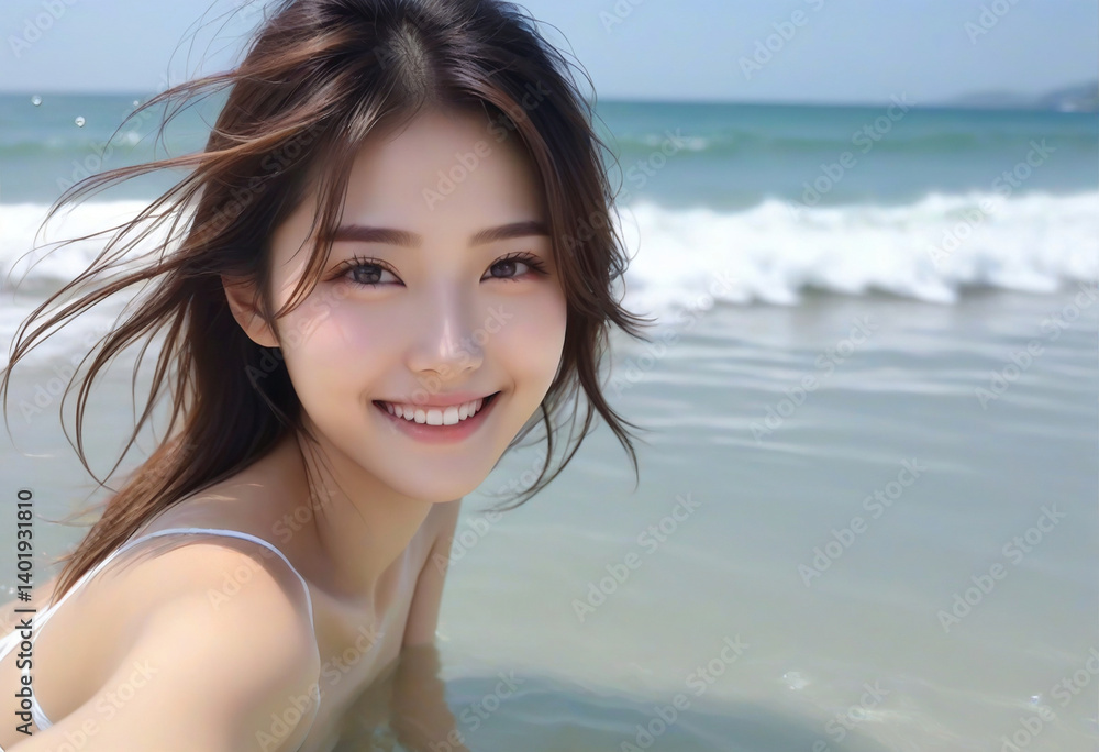Portrait of a smiling pretty girl in a bikini by the beautiful sea.綺麗な海でビキニを着た笑顔のかわいい女の子のポートレート。 Portrait of a smiling pretty girl in a bikini by the beautiful sea.綺麗な海でビキニを着た笑顔のかわいい女の子のポートレート。