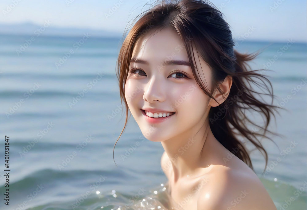 Portrait of a smiling pretty girl in a bikini by the beautiful sea.綺麗な海でビキニを着た笑顔のかわいい女の子のポートレート。 Portrait of a smiling pretty girl in a bikini by the beautiful sea.綺麗な海でビキニを着た笑顔のかわいい女の子のポートレート。