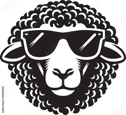black head vector illustration of a sheep, sheep head with sunglass, silhouette vector isolated on white background