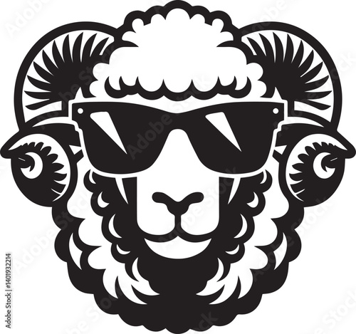 black head vector illustration of a sheep, sheep head with sunglass, silhouette vector isolated on white background