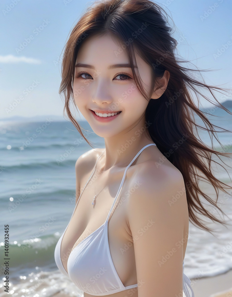 Portrait of a smiling pretty girl in a bikini by the beautiful sea.綺麗な海でビキニを着た笑顔のかわいい女の子のポートレート。 Portrait of a smiling pretty girl in a bikini by the beautiful sea.綺麗な海でビキニを着た笑顔のかわいい女の子のポートレート。