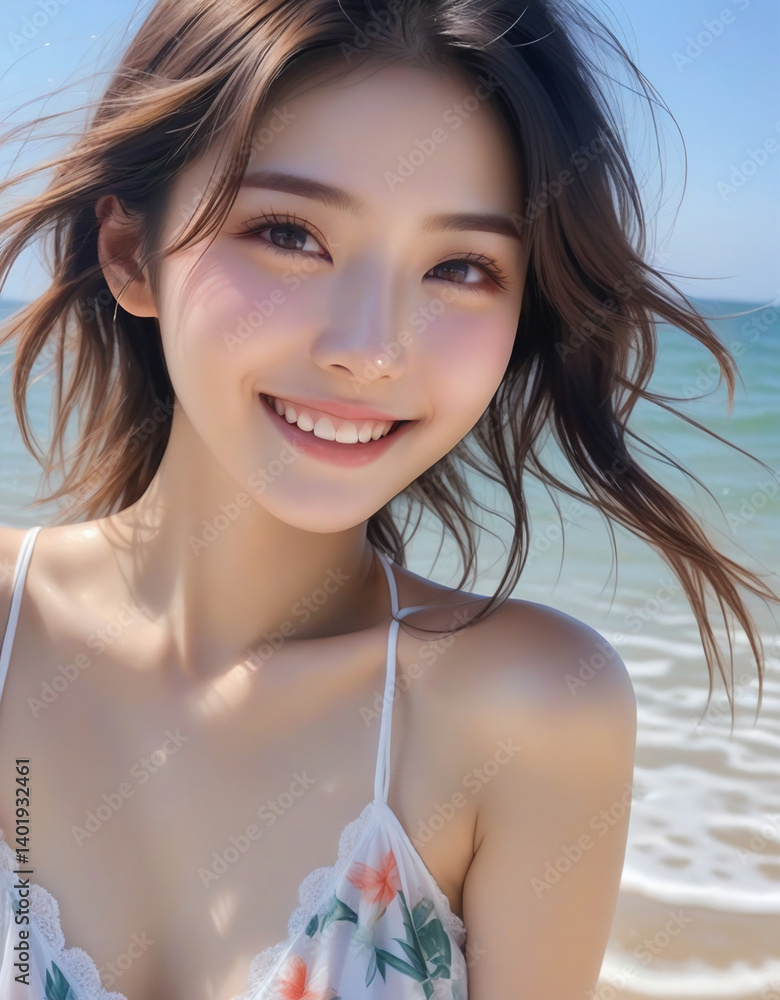 Portrait of a smiling pretty girl in a bikini by the beautiful sea.綺麗な海でビキニを着た笑顔のかわいい女の子のポートレート。 Portrait of a smiling pretty girl in a bikini by the beautiful sea.綺麗な海でビキニを着た笑顔のかわいい女の子のポートレート。