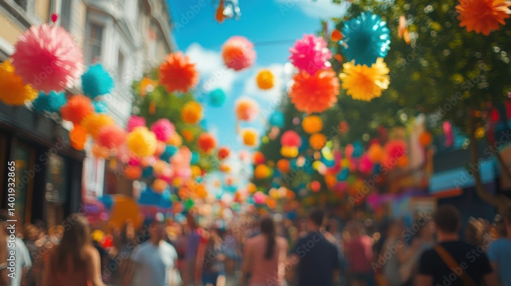 Naklejka premium Vibrant street festival with colorful decorations and lively crowd