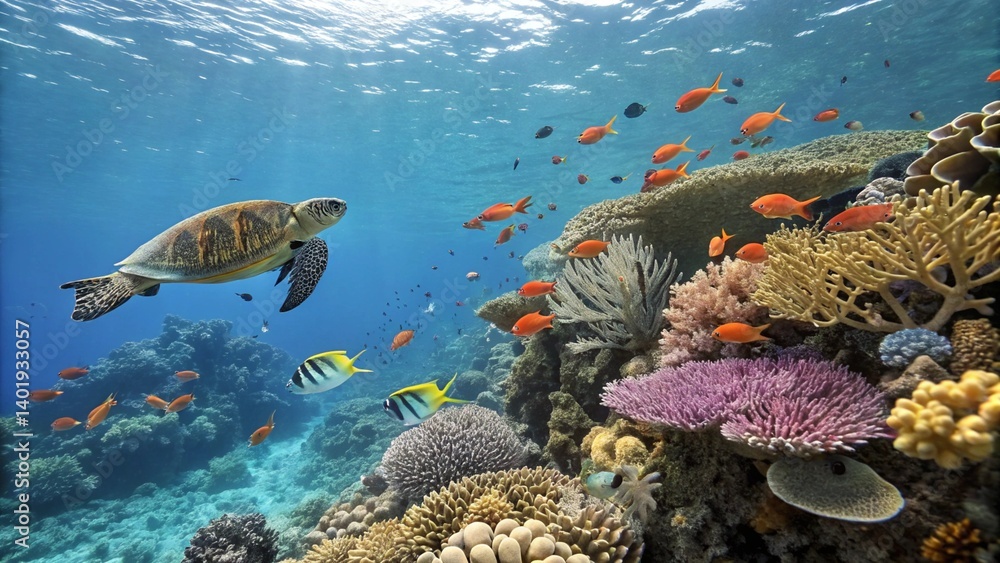 Obraz premium Resplendent Teeming Society Aquatic,A resplendent and teeming society of aquatic creatures thrives harmoniously amidst vibrant tapestry of life that adorns coral reef