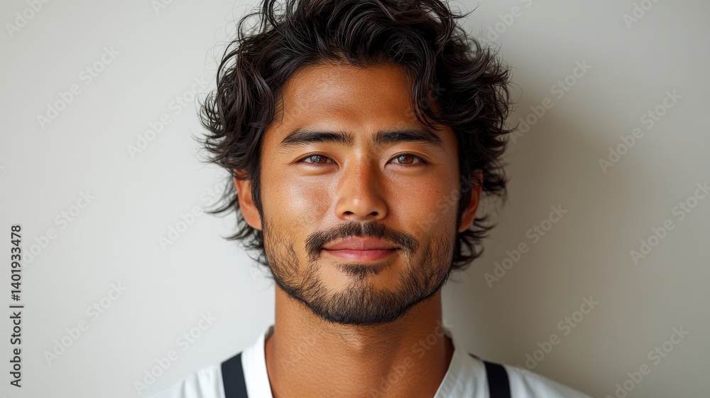 Man with dark hair and beard smiles softly against a light backdrop Man with dark hair and beard smiles softly against a light backdrop