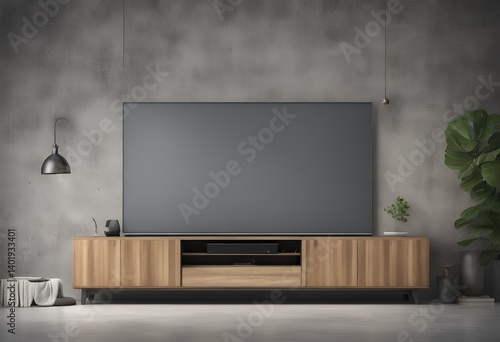 Fototapeta Naklejka Na Ścianę i Meble -  3d rendering design tv concrete wall stand furniture parquet room architecture home controller modern green mag grand sun racked spot render light wood plan floor interior living flat plant brown