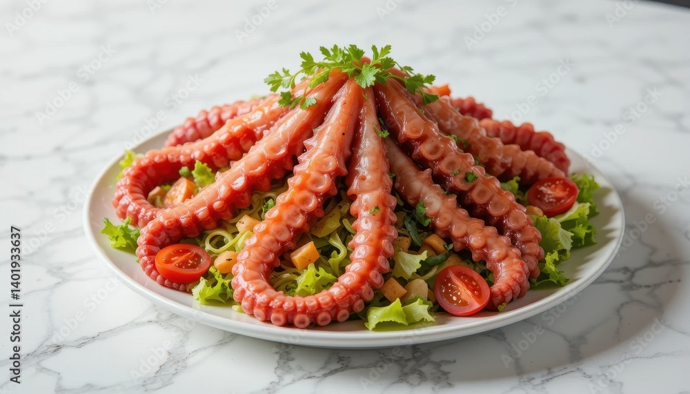 Gourmet food photography octopus salad in bright light Gourmet food photography octopus salad in bright light