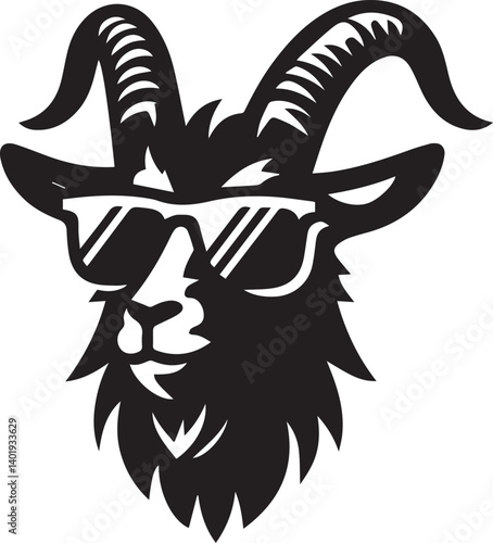 goat wearing sunglasses illustration, goat head and sunglass silhouette vector isolated on white background