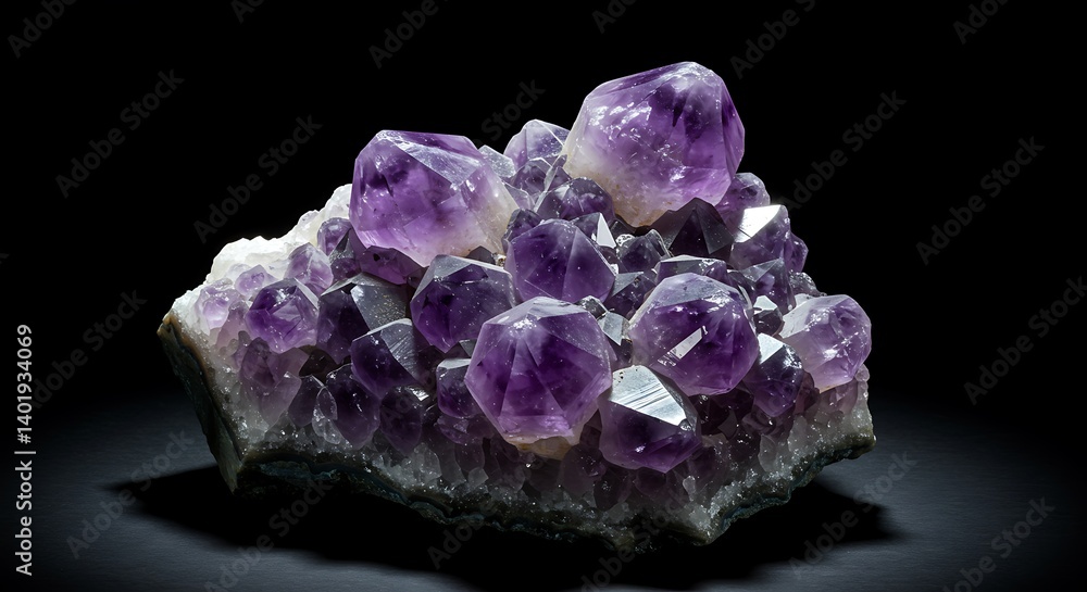 Luminous Amethyst Cluster on Quartz Matrix: A Detailed Studio Shot AI Generated Luminous Amethyst Cluster on Quartz Matrix: A Detailed Studio Shot AI Generated
