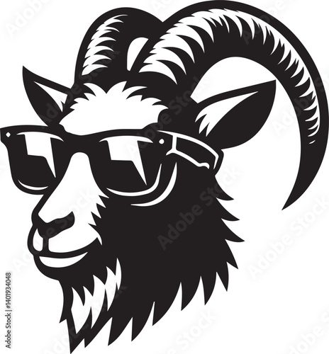 goat wearing sunglasses illustration, goat head and sunglass silhouette vector isolated on white background