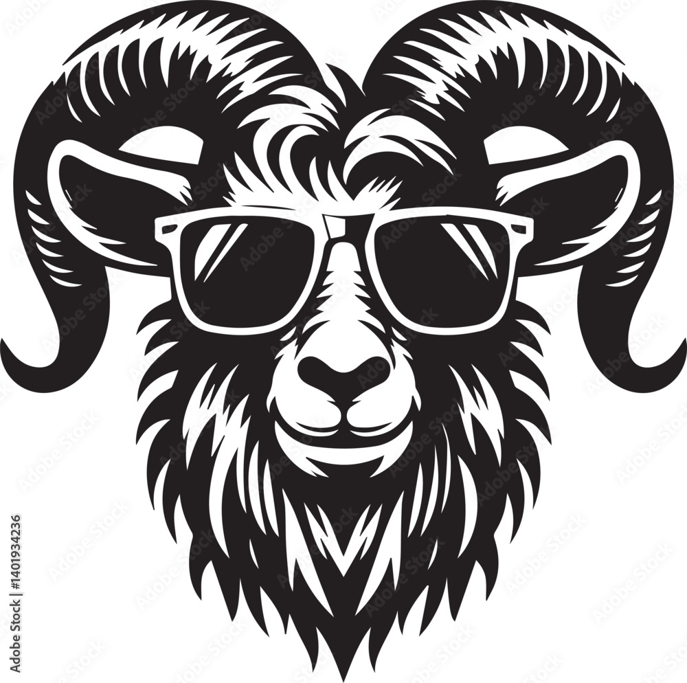 Fototapeta premium goat wearing sunglasses illustration, goat head and sunglass silhouette vector isolated on white background