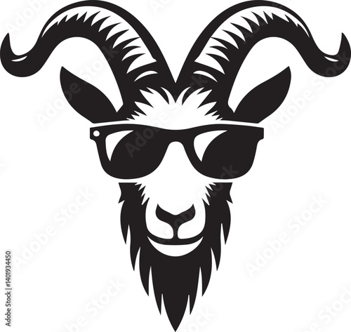 goat wearing sunglasses illustration, goat head and sunglass silhouette vector isolated on white background