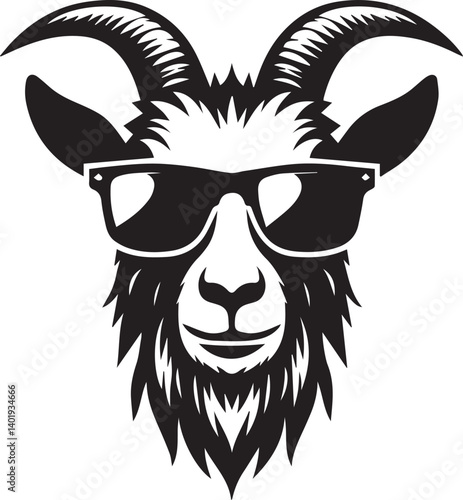 goat wearing sunglasses illustration, goat head and sunglass silhouette vector isolated on white background