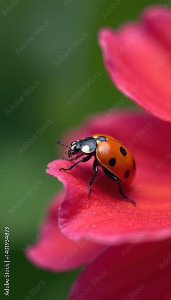 Fototapeta premium Ladybug gently landing on a colorful flower petal , petals, bloom