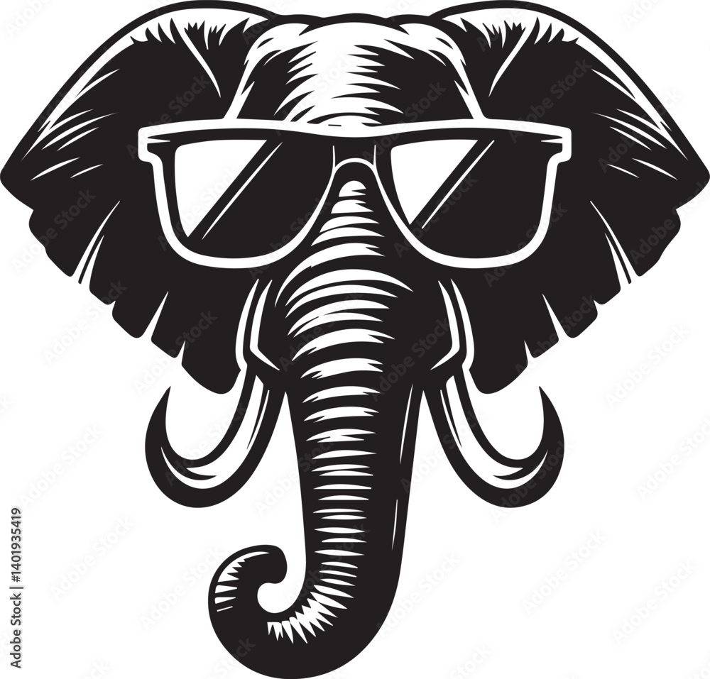 Obraz premium elephant and sunglass illustration, head of elephant and sunglass head silhouette vector isolated on white background
