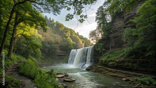allure of watkins fall,ethereal allure of Watkins Falls, with its cascade, verdant environs, and profound serenity and tranquility