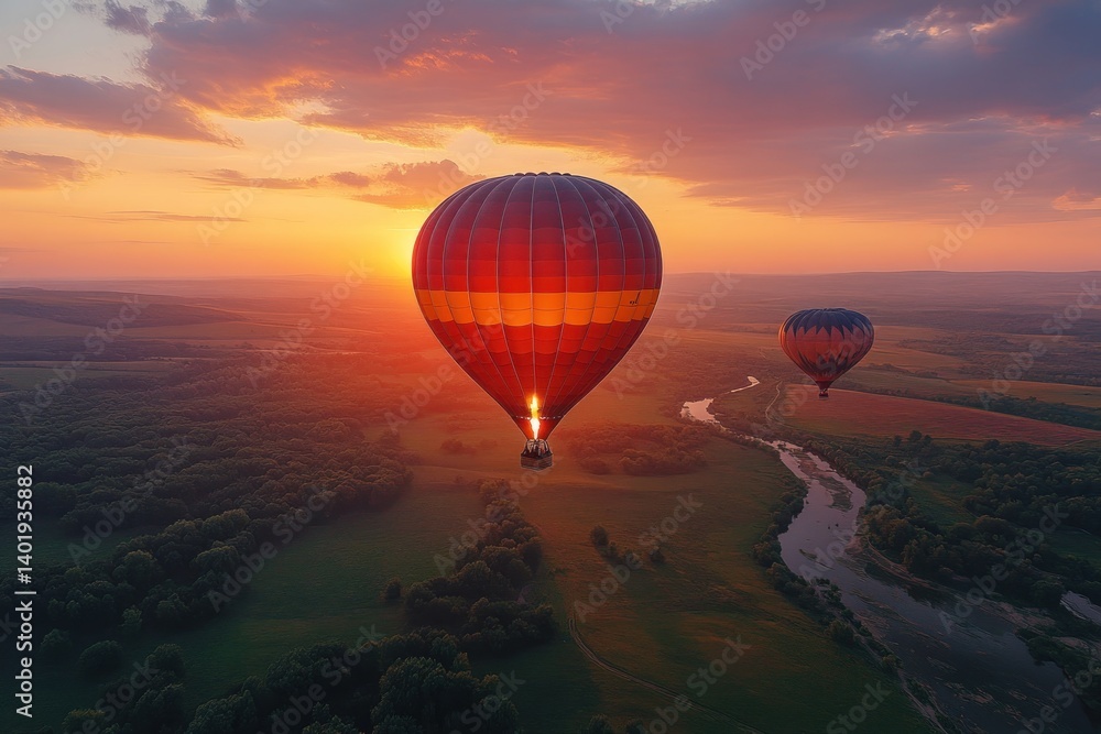 Sunrise Hot Air Balloons over River Valley Sunrise Hot Air Balloons over River Valley