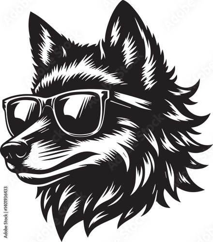 wolf head and sunglass vector illustration, wolf head and sunglass silhouette vector, wolf logo vector black on white background