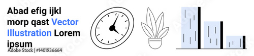 Analog clock, potted plant, rising bar graph, minimalist text placement. Ideal for productivity, time management, growth, corporate strategy, sleek design business insights flat landing page banner