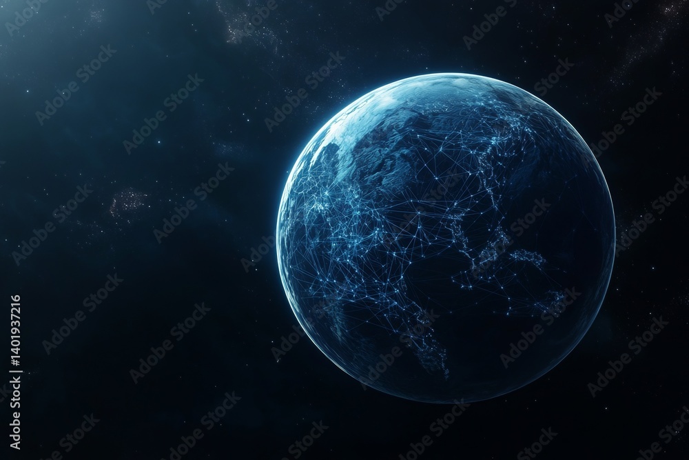 Fototapeta premium Blue Planet with Global Network Connections Symbolizing Cosmic Cybersecurity