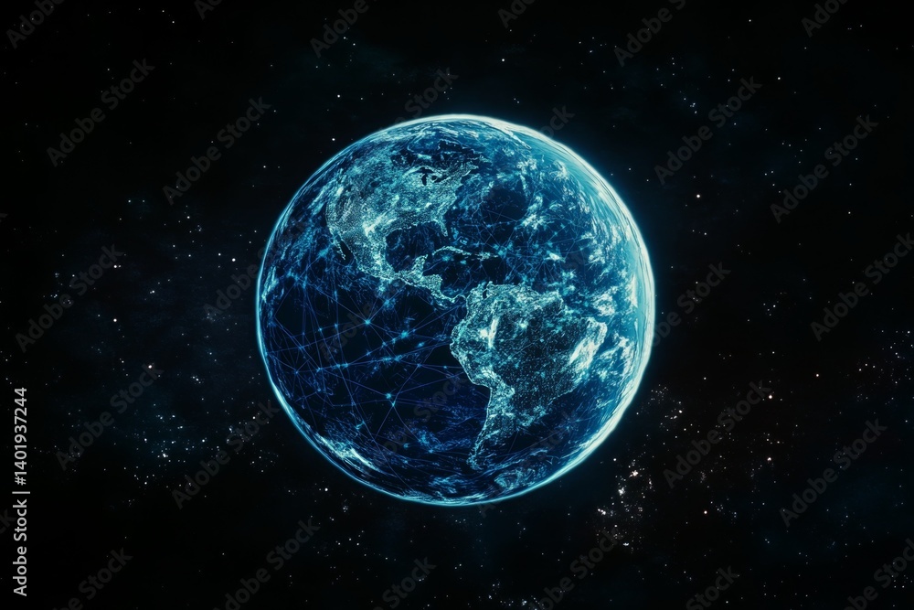 Obraz premium Blue Planet with Global Network Connections Symbolizing Cosmic Cybersecurity