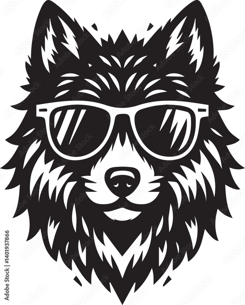 Obraz premium wolf head and sunglass vector illustration, wolf head and sunglass silhouette vector, wolf logo vector black on white background