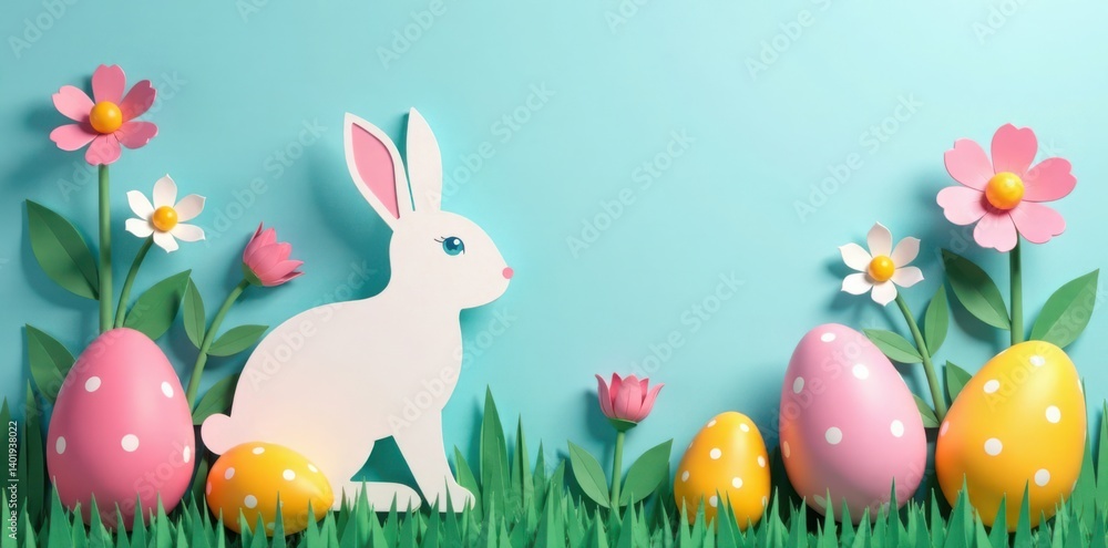 Fototapeta premium Paper cut rabbit surrounded by colorful Easter eggs and flowers , colorful, paper cut rabbit