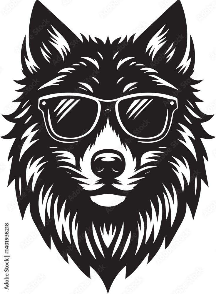 Fototapeta premium wolf head and sunglass vector illustration, wolf head and sunglass silhouette vector, wolf logo vector black on white background