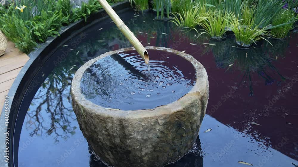 Japanese natural bamboo pipe water flowing into a stone bowl Japanese natural bamboo pipe water flowing into a stone bowl