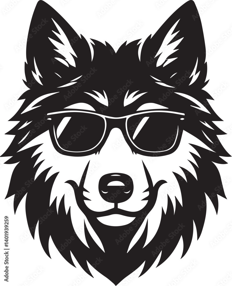 Obraz premium wolf head and sunglass vector illustration, wolf head and sunglass silhouette vector, wolf logo vector black on white background