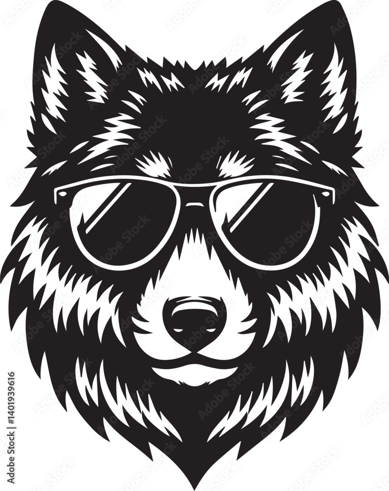 Obraz premium wolf head and sunglass vector illustration, wolf head and sunglass silhouette vector, wolf logo vector black on white background