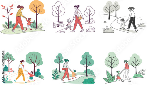 Flat Illustration of Family Bonding Moments with Mom, Dad, and Children.