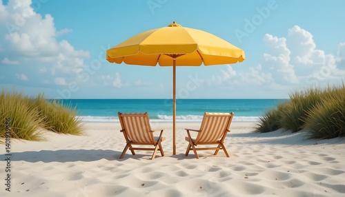 Sunny Beach Retreat: Two wooden beach chairs sit beneath a vibrant yellow umbrella on a pristine white sandy beach, with gentle turquoise waves meeting the shore under a bright blue sky dotted