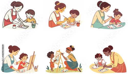 Flat Illustration of Family Bonding Moments with Mom, Dad, and Children.