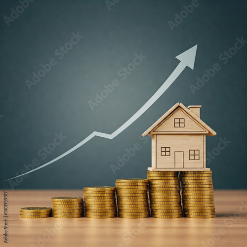coins stairs with house on top, house price increase chart