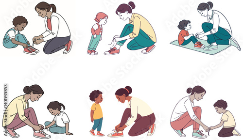 Flat Illustration of Family Bonding Moments with Mom, Dad, and Children.