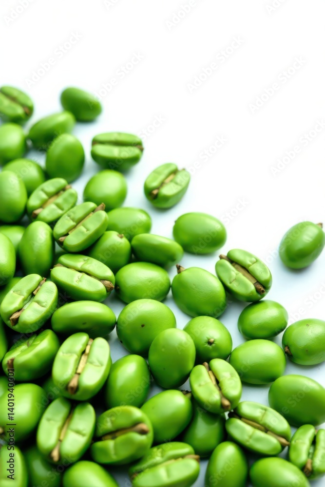 Row of green coffee beans on white background , natural, white background Row of green coffee beans on white background , natural, white background