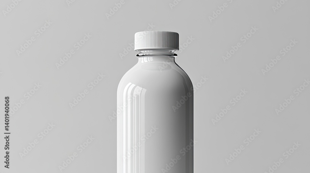 Cylindrical White Plastic Bottle with Glossy Finish and White Cap on a Smooth Gray Background – A Minimalistic and Versatile Packaging Design Cylindrical White Plastic Bottle with Glossy Finish and White Cap on a Smooth Gray Background – A Minimalistic and Versatile Packaging Design