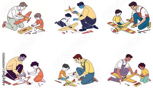 Flat Illustration of Family Bonding Moments with Mom, Dad, and Children.