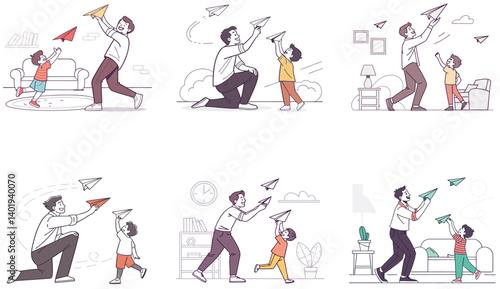 Flat Illustration of Family Bonding Moments with Mom, Dad, and Children.